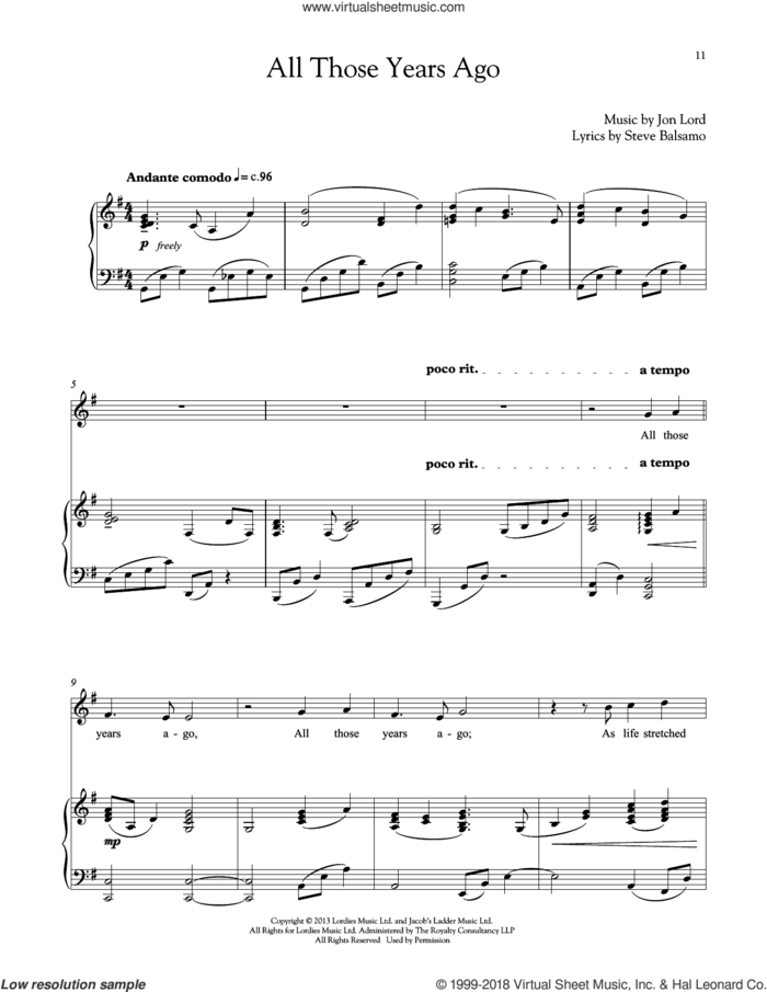 All Those Years Ago sheet music for voice and piano by Jon Lord and Steve Balsamo, intermediate skill level
