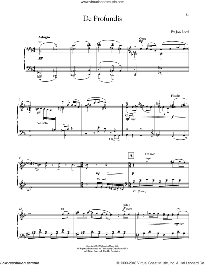 De Profundis sheet music for piano solo by Jon Lord, intermediate skill level