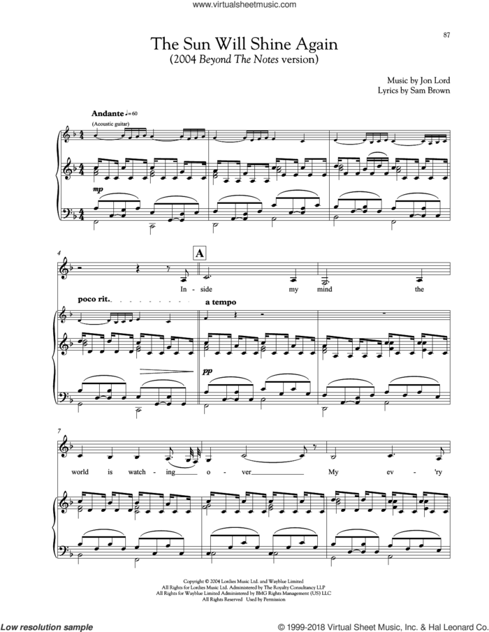 The Sun Will Shine Again sheet music for voice and piano by Jon Lord and Sam Brown, intermediate skill level