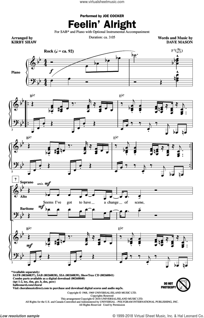 Feelin' Alright sheet music for choir (SAB: soprano, alto, bass) by Dave Mason, Kirby Shaw, Joe Cocker and Traffic, intermediate skill level