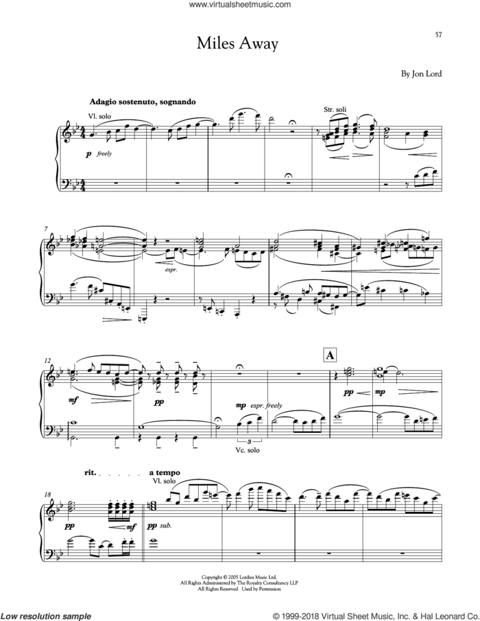 Miles Away sheet music for piano solo by Jon Lord, intermediate skill level