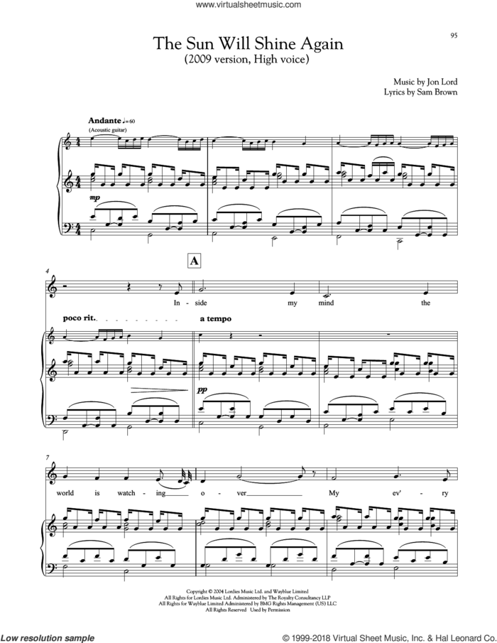 The Sun Will Shine Again sheet music for voice and piano (High Voice) by Jon Lord and Sam Brown, intermediate skill level