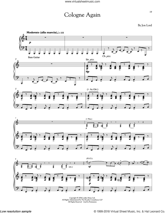Cologne Again sheet music for piano solo by Jon Lord, intermediate skill level