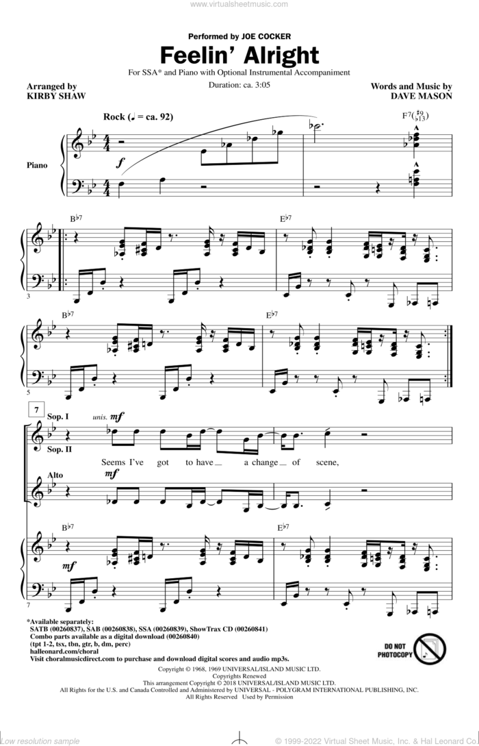 Feelin' Alright sheet music for choir (SSA: soprano, alto) by Dave Mason, Kirby Shaw, Joe Cocker and Traffic, intermediate skill level