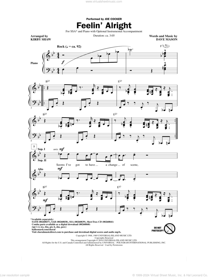 Feelin' Alright sheet music for choir (SSA: soprano, alto) by Dave Mason, Kirby Shaw, Joe Cocker and Traffic, intermediate skill level