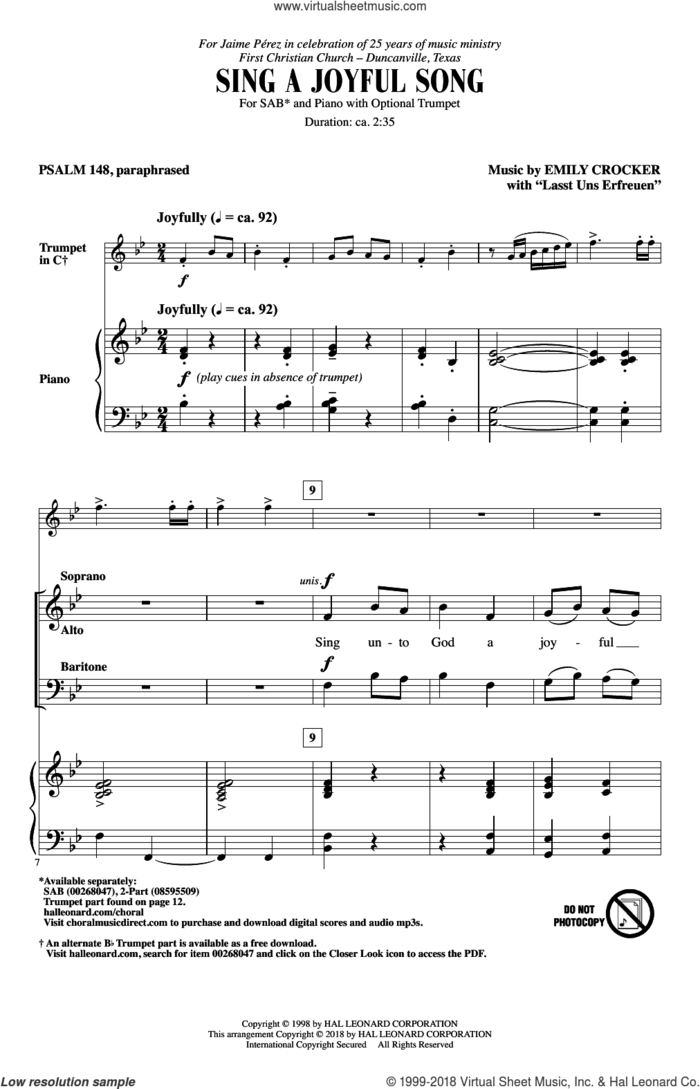 Sing A Joyful Song sheet music for choir (SAB: soprano, alto, bass) by Emily Crocker, intermediate skill level