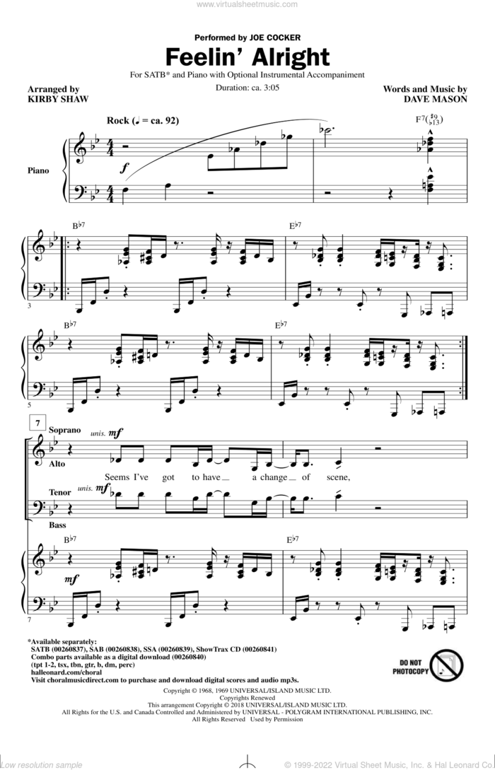 Feelin' Alright (arr. Kirby Shaw) sheet music for choir (SATB: soprano, alto, tenor, bass) by Dave Mason, Kirby Shaw, Joe Cocker and Traffic, intermediate skill level