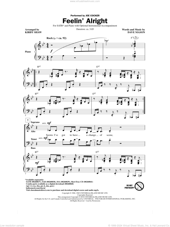 Feelin' Alright (arr. Kirby Shaw) sheet music for choir (SATB: soprano, alto, tenor, bass) by Dave Mason, Kirby Shaw, Joe Cocker and Traffic, intermediate skill level