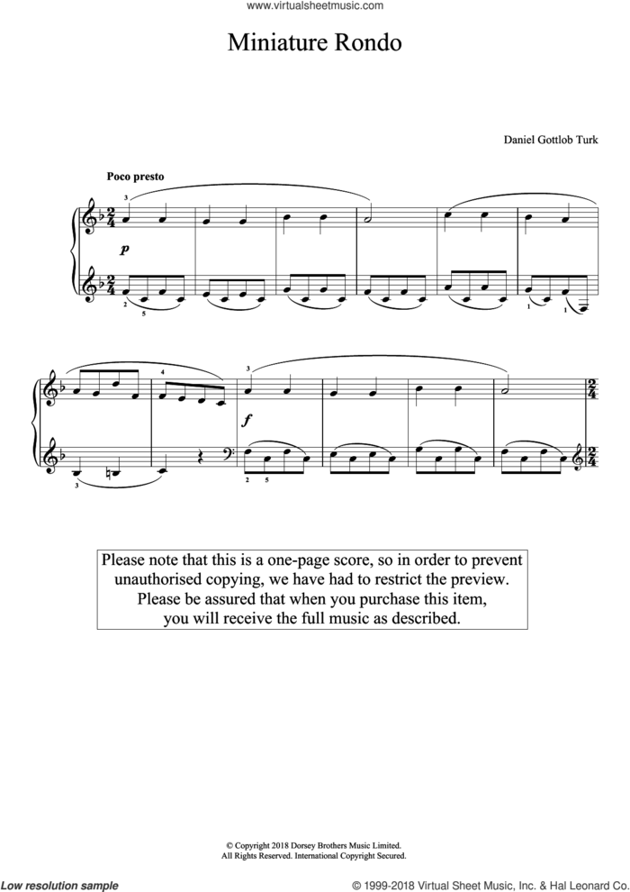 Miniature Rondo sheet music for piano solo by Daniel Gottlob Turk and Daniel Gottlob Turk, classical score, intermediate skill level