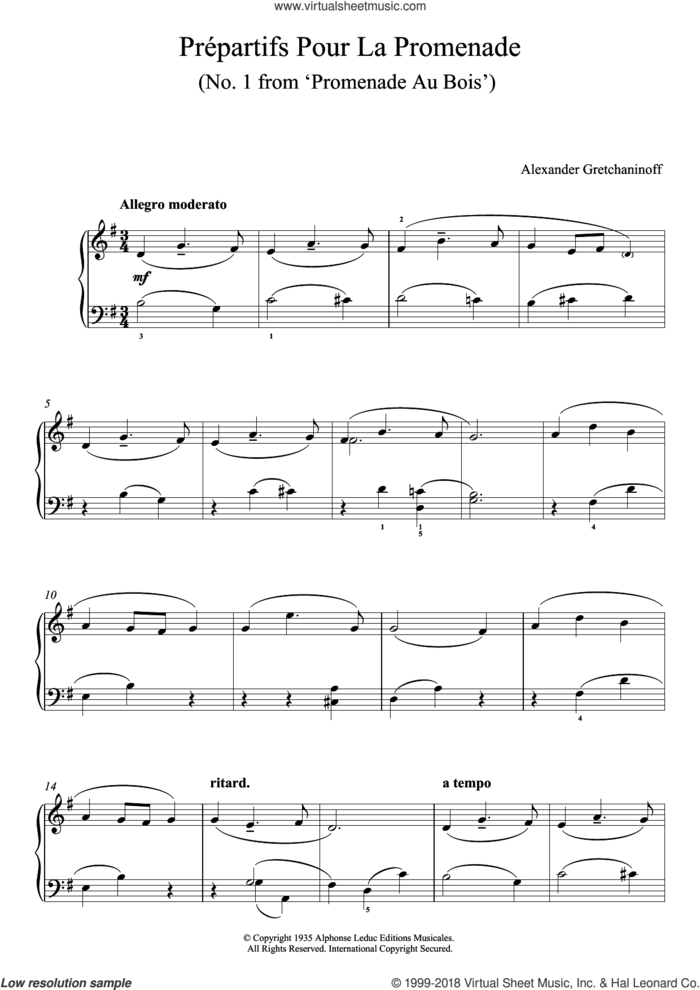 Prepartifs Pour La Promenade (No. 1 From 'Promenade Au Bois') sheet music for piano solo by Alexander Gretchaninoff, classical score, intermediate skill level