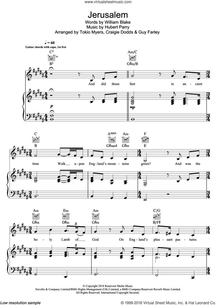 Jerusalem sheet music for voice, piano or guitar by Tokio Myers featuring Jazmin Sawyers, Jazmin Sawyers, Tokio Myers and Hubert Parry, classical score, intermediate skill level