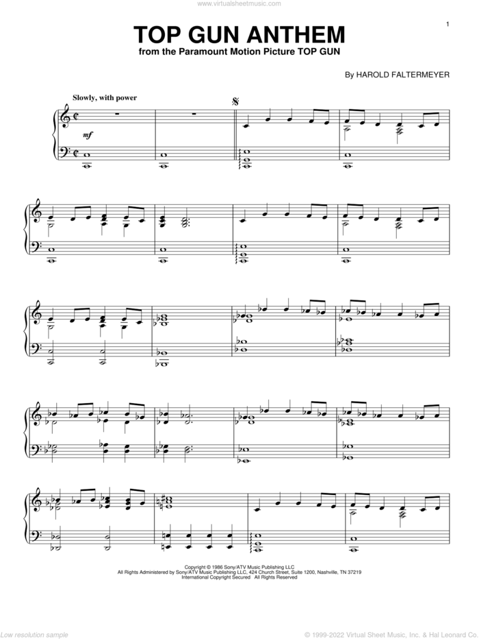 Top Gun Anthem sheet music for piano solo by Harold Faltermeyer, intermediate skill level