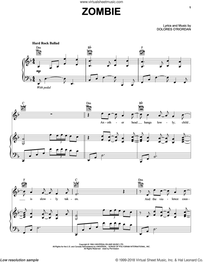 Zombie sheet music for voice, piano or guitar by Bad Wolves and The Cranberries, intermediate skill level