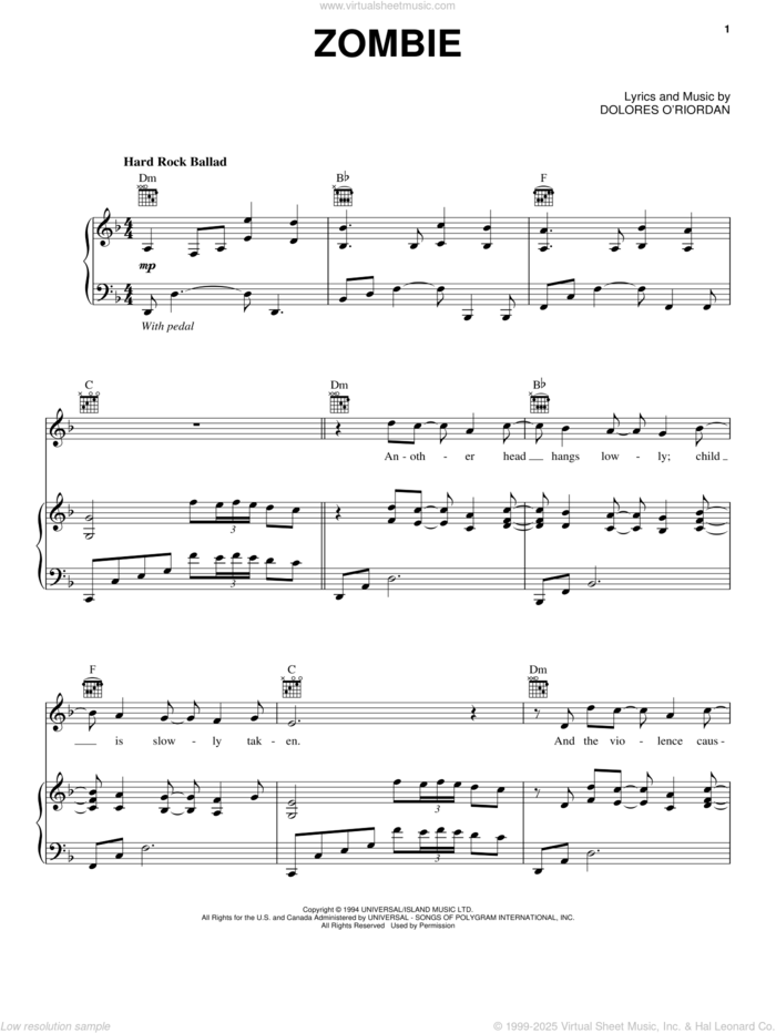 Zombie sheet music for voice, piano or guitar by Bad Wolves and The Cranberries, intermediate skill level