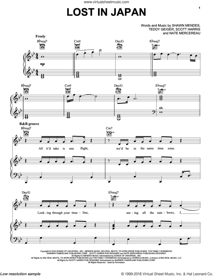 Lost In Japan sheet music for voice, piano or guitar by Shawn Mendes, Nate Mercereau, Scott Harris and Teddy Geiger, intermediate skill level