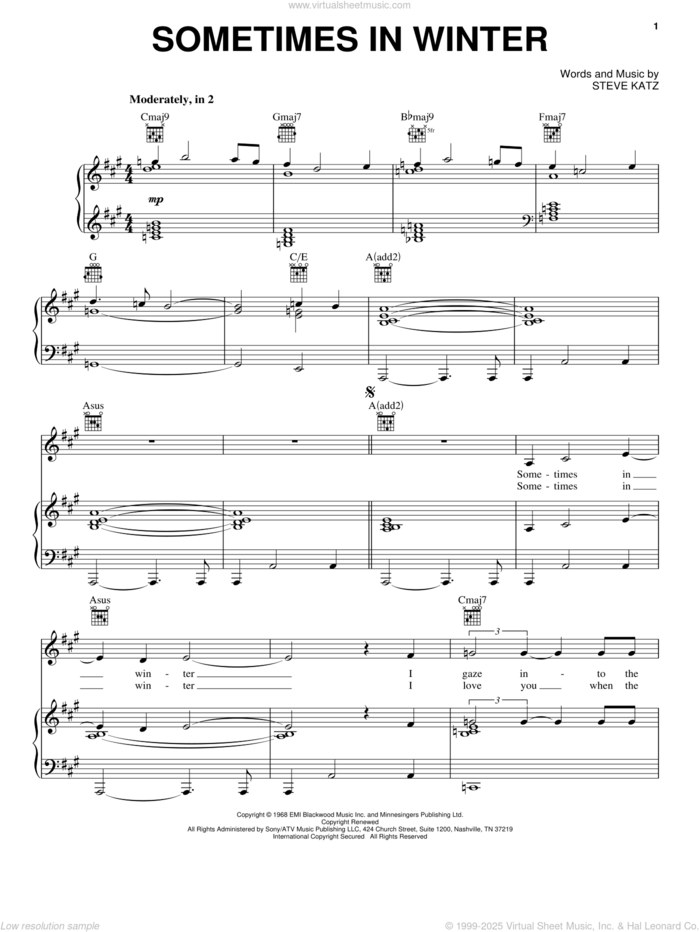 Sometimes In Winter sheet music for voice, piano or guitar by Blood, Sweat & Tears and Steve Katz, intermediate skill level