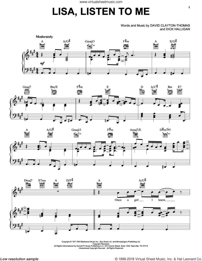 Lisa, Listen To Me sheet music for voice, piano or guitar by Blood, Sweat & Tears, David Clayton-Thomas and Dick Halligan, intermediate skill level