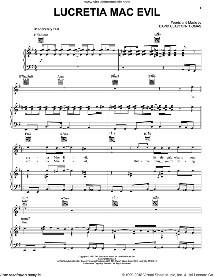 Lucretia Mac Evil sheet music for voice, piano or guitar by Blood, Sweat & Tears and David Clayton-Thomas, intermediate skill level