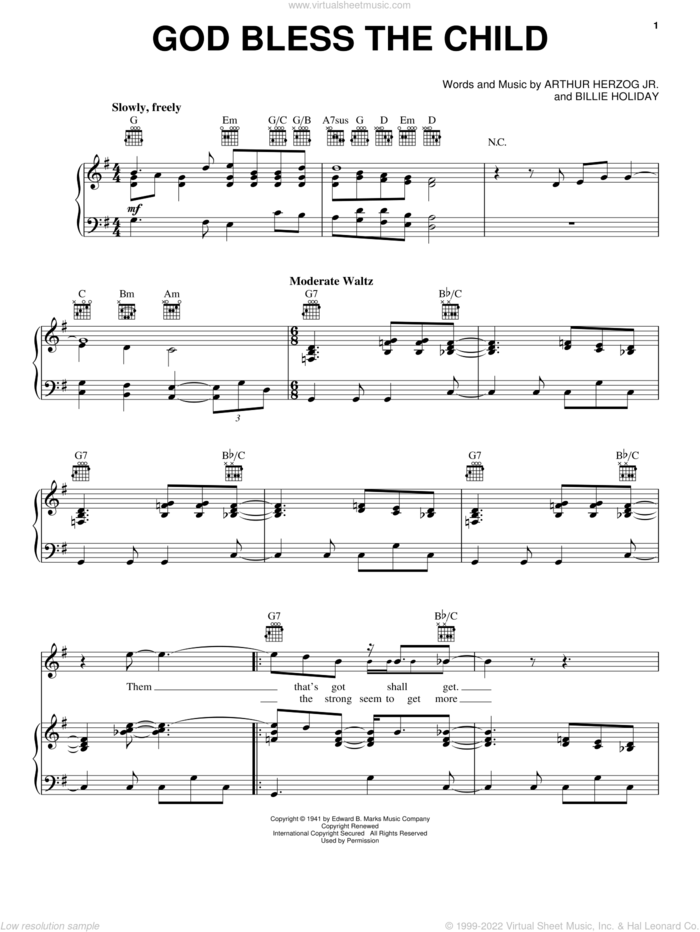 God Bless' The Child sheet music for voice, piano or guitar by Blood, Sweat & Tears, Arthur Herzog Jr. and Billie Holiday, intermediate skill level