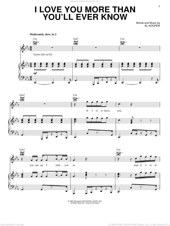 I Love You More Than You'll Ever Know sheet music for voice, piano or guitar by Blood, Sweat & Tears, Donny Hathaway and Al Kooper, intermediate skill level
