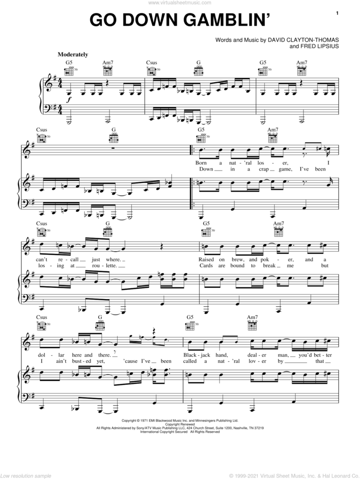 Go Down Gamblin' sheet music for voice, piano or guitar by Blood, Sweat & Tears, David Clayton-Thomas and Fred Lipsius, intermediate skill level