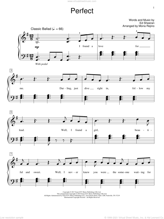 Perfect sheet music for piano solo (elementary) by Ed Sheeran and Mona Rejino, wedding score, beginner piano (elementary)