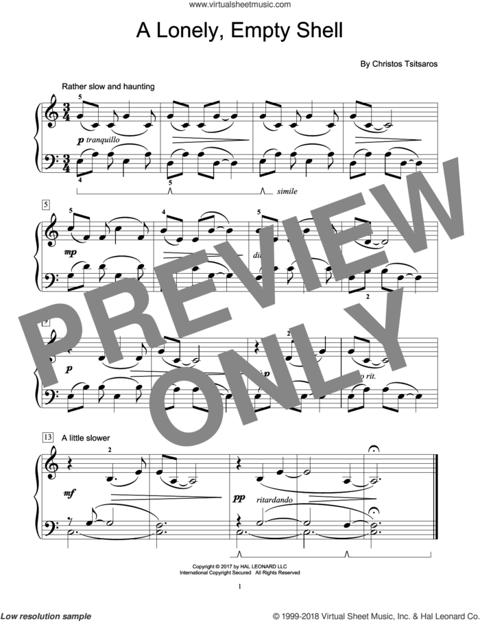 A Lonely, Empty Shell sheet music for piano solo (elementary) by Christos Tsitsaros, beginner piano (elementary)