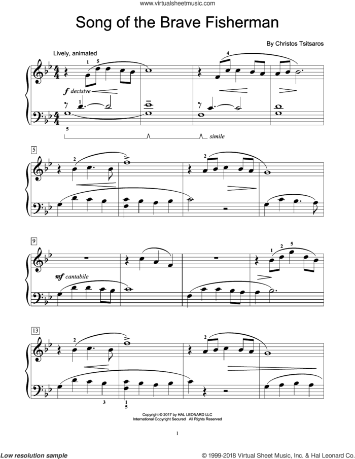Song Of The Brave Fisherman sheet music for piano solo (elementary) by Christos Tsitsaros, beginner piano (elementary)