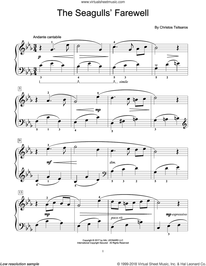 The Seagulls' Farewell sheet music for piano solo (elementary) by Christos Tsitsaros, beginner piano (elementary)
