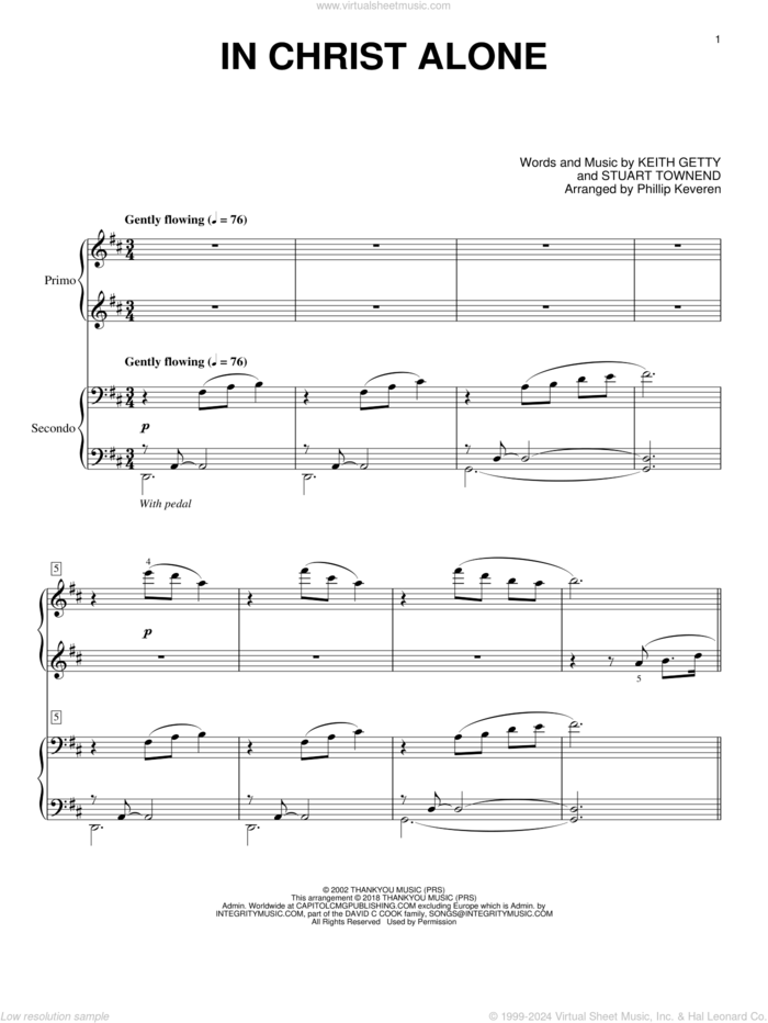 In Christ Alone (arr. Phillip Keveren) sheet music for piano four hands by Keith & Kristyn Getty, Margaret Becker, Newsboys, Phillip Keveren, Keith Getty and Stuart Townend, intermediate skill level