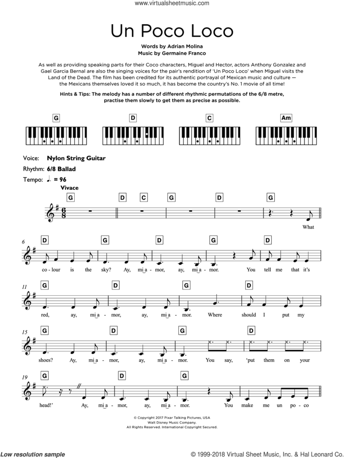 Un Poco Loco (from Coco) sheet music for piano solo (keyboard) by Adrian Molina, Germaine Franco and Germaine Franco & Adrian Molina, intermediate piano (keyboard)
