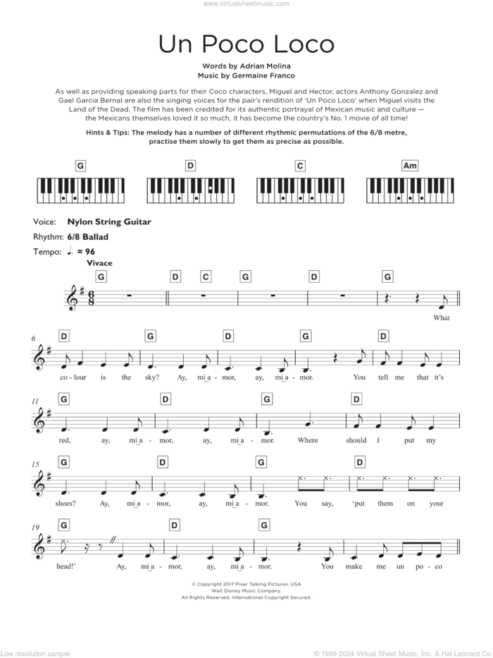 Un Poco Loco (from Coco) sheet music for piano solo (keyboard) by Adrian Molina, Germaine Franco and Germaine Franco & Adrian Molina, intermediate piano (keyboard)