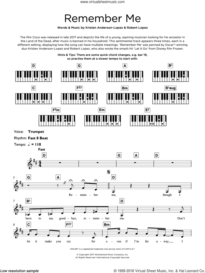 Remember Me (Ernesto de la Cruz) (from Coco) sheet music for piano solo (keyboard) by Kristen Anderson-Lopez & Robert Lopez, Kristen Anderson-Lopez and Robert Lopez, intermediate piano (keyboard)