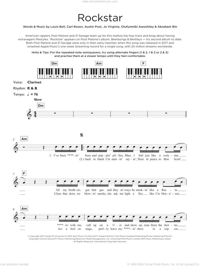 Rockstar (featuring 21 Savage) sheet music for piano solo (keyboard) by Post Malone, 21 Savage, Abraham Bin, Austin Post, Carl Rosen, Jo Virginie, Louis Bell and Olufunmibi Awoshiley, intermediate piano (keyboard)