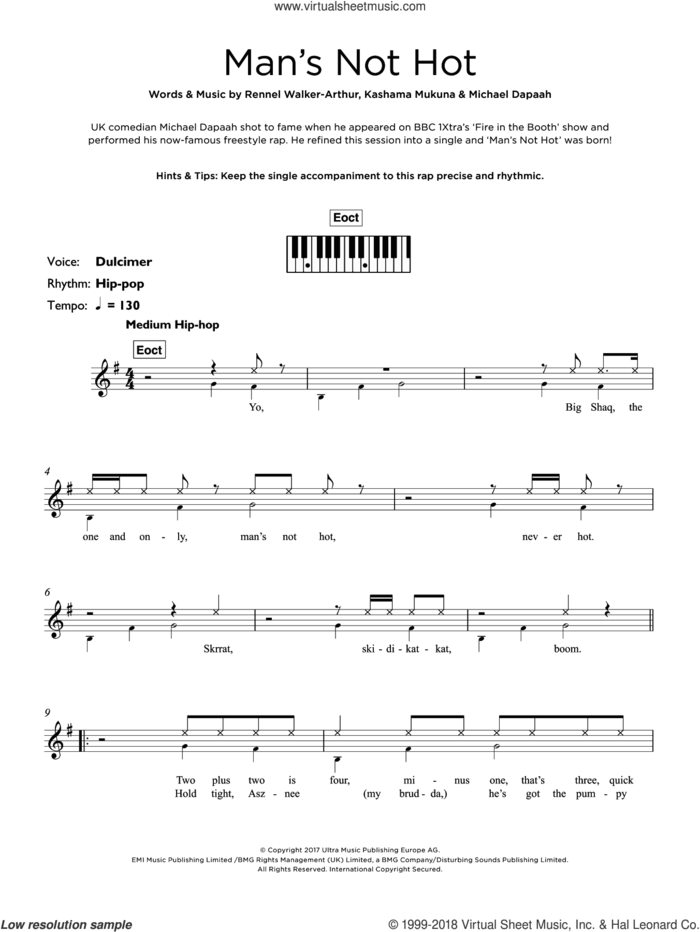 Man's Not Hot sheet music for piano solo (keyboard) by Big Shaq, Kashama Mukuna, Michael Dapaah and Rennel Walker-Arthur, intermediate piano (keyboard)