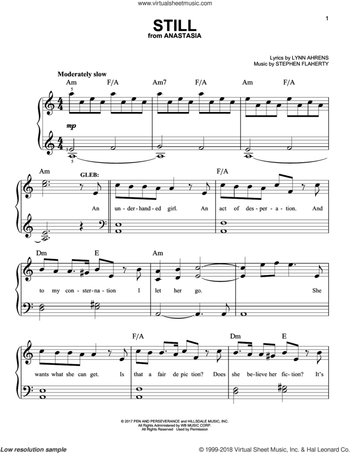 Still sheet music for piano solo by Stephen Flaherty and Lynn Ahrens, easy skill level