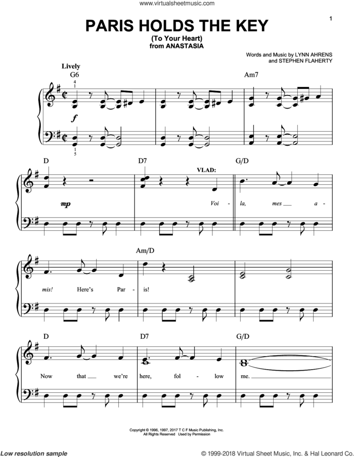 Paris Holds The Key (To Your Heart) sheet music for piano solo by Stephen Flaherty and Lynn Ahrens, easy skill level