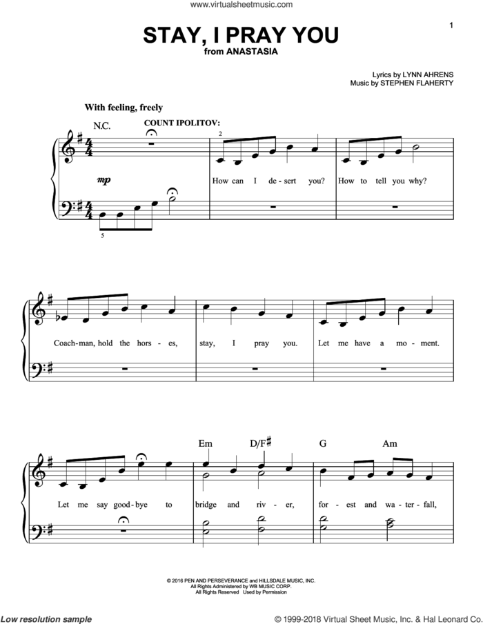 Stay, I Pray You sheet music for piano solo by Stephen Flaherty and Lynn Ahrens, easy skill level