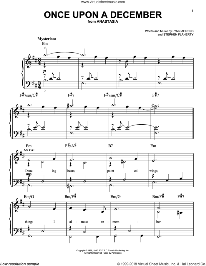 Once Upon A December sheet music for piano solo by Stephen Flaherty and Lynn Ahrens, easy skill level