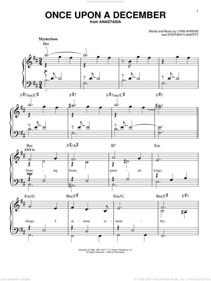 Once Upon A December sheet music for piano solo by Stephen Flaherty and Lynn Ahrens, easy skill level