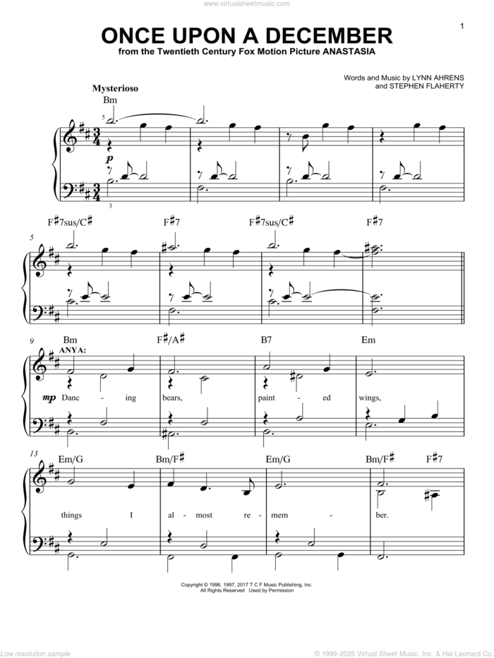 Once Upon A December sheet music for piano solo by Stephen Flaherty and Lynn Ahrens, easy skill level