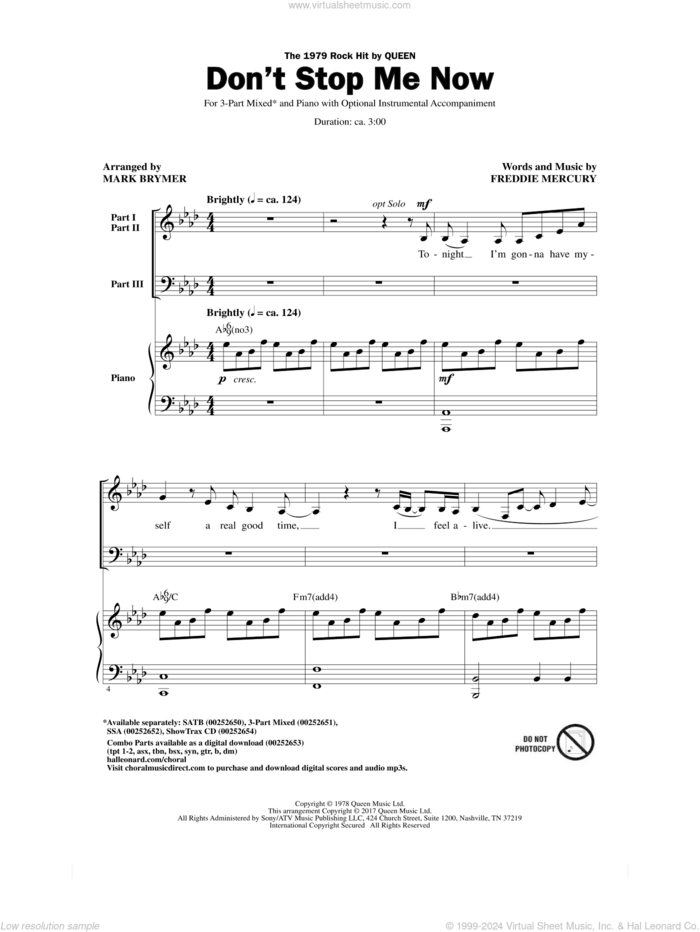 Don't Stop Me Now (arr. Mark Brymer) sheet music for choir (3-Part Mixed) by Freddie Mercury, Mark Brymer and Queen, intermediate skill level