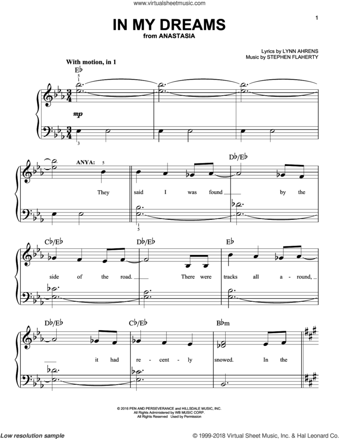 In My Dreams sheet music for piano solo by Stephen Flaherty and Lynn Ahrens, easy skill level