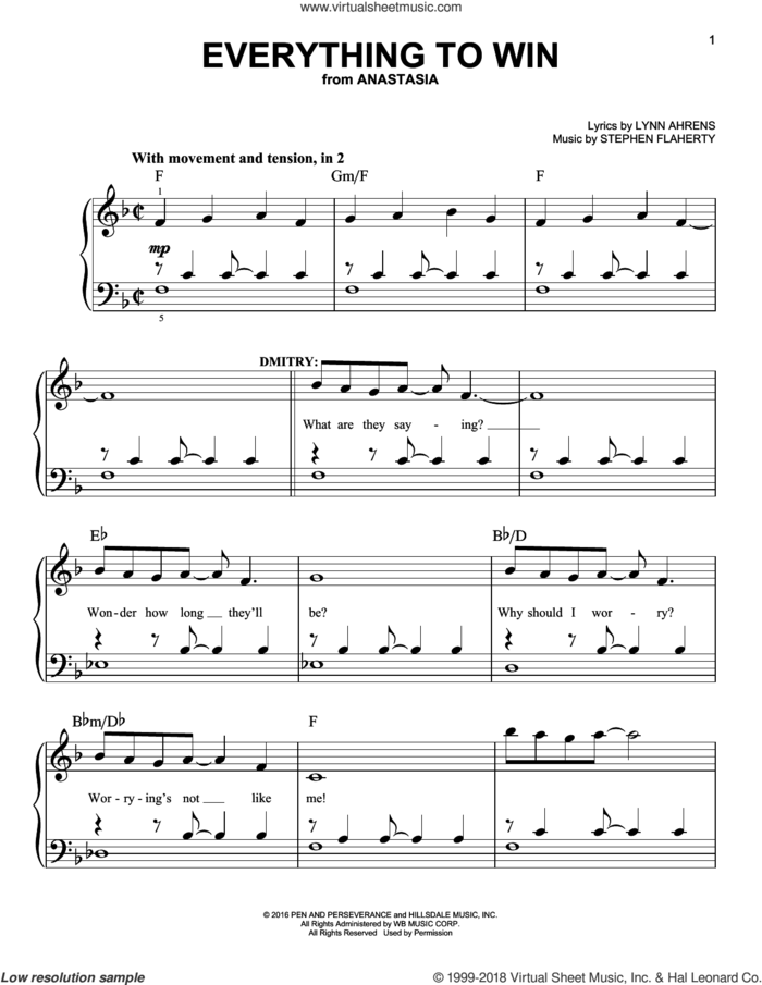 Everything To Win sheet music for piano solo by Stephen Flaherty and Lynn Ahrens, easy skill level