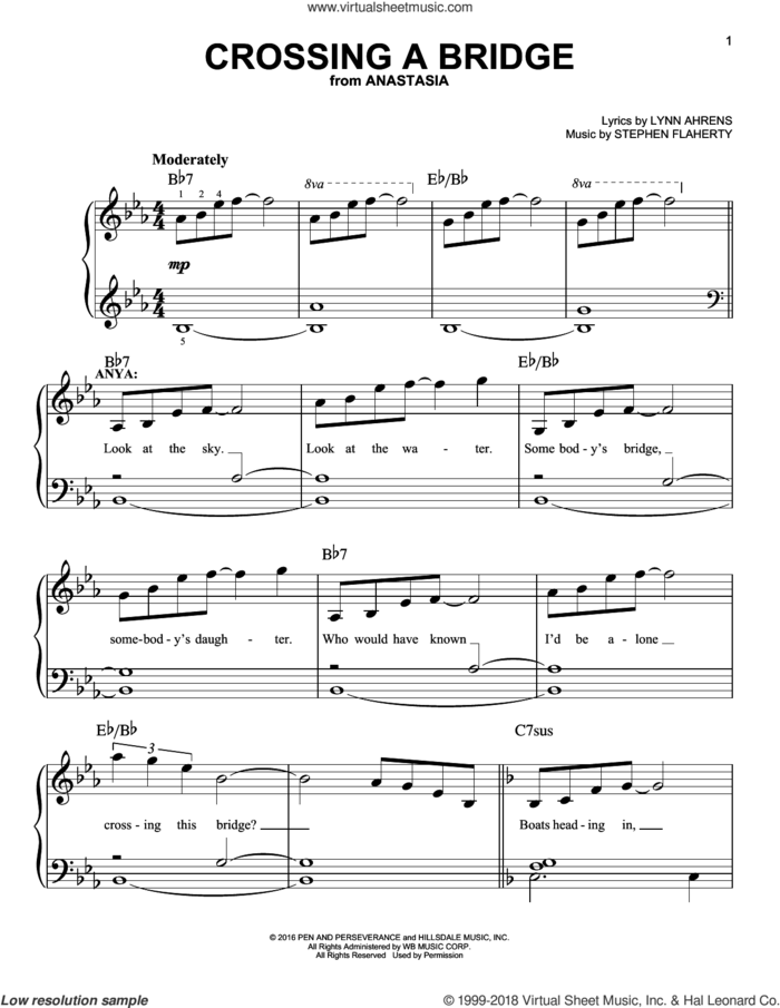Crossing A Bridge sheet music for piano solo by Stephen Flaherty and Lynn Ahrens, easy skill level