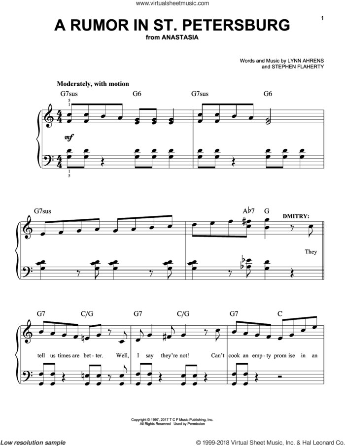 A Rumor In St. Petersburg sheet music for piano solo by Stephen Flaherty and Lynn Ahrens, easy skill level