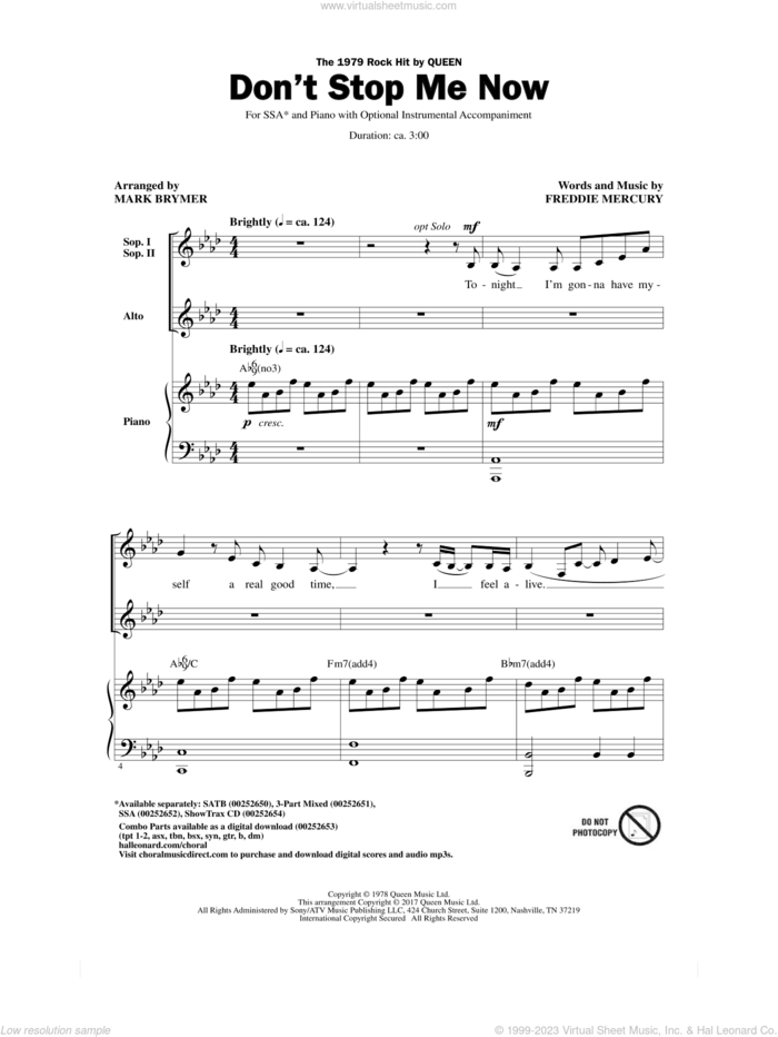Don't Stop Me Now (arr. Mark Brymer) sheet music for choir (SSA: soprano, alto) by Freddie Mercury, Mark Brymer and Queen, intermediate skill level