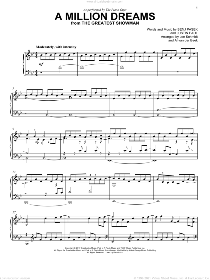 A Million Dreams (from The Greatest Showman) sheet music for piano solo by The Piano Guys, Benj Pasek, Justin Paul and Pasek & Paul, intermediate skill level