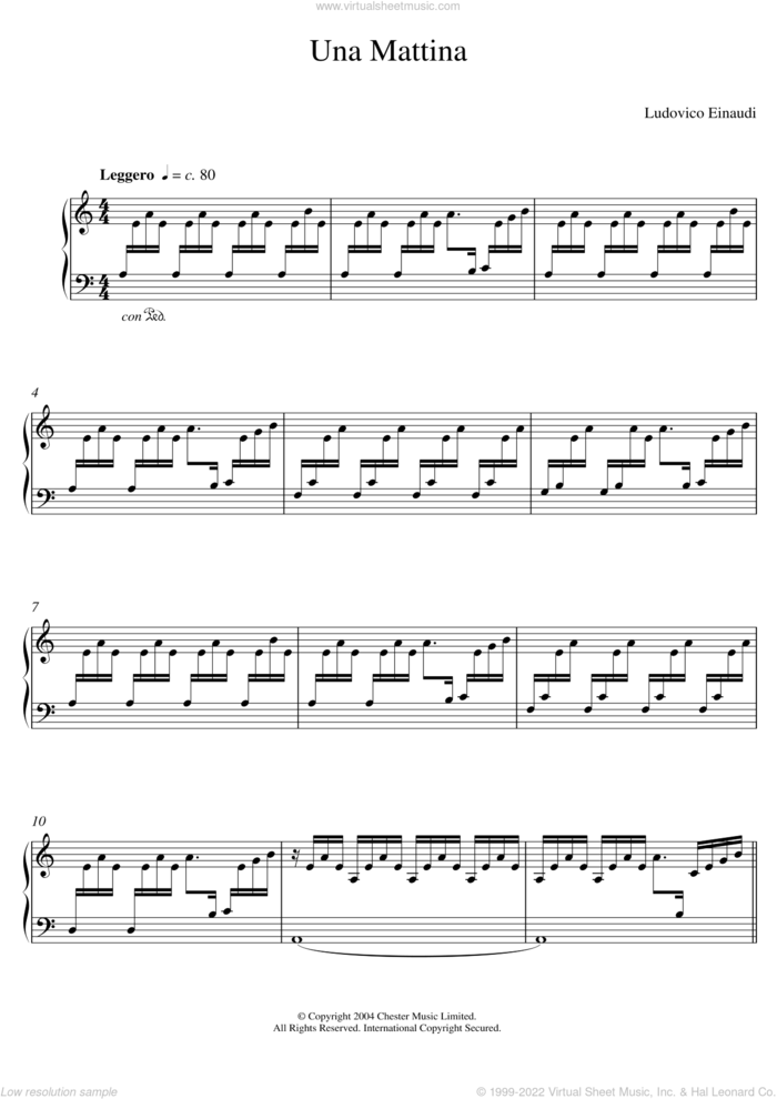 Una Mattina sheet music for piano solo (elementary) by Ludovico Einaudi, classical score, beginner piano (elementary)