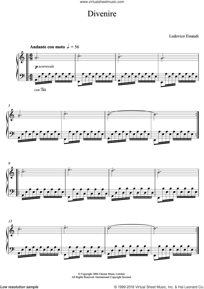 Divenire, (beginner) sheet music for piano solo (elementary) by Ludovico Einaudi, classical score, beginner piano (elementary)